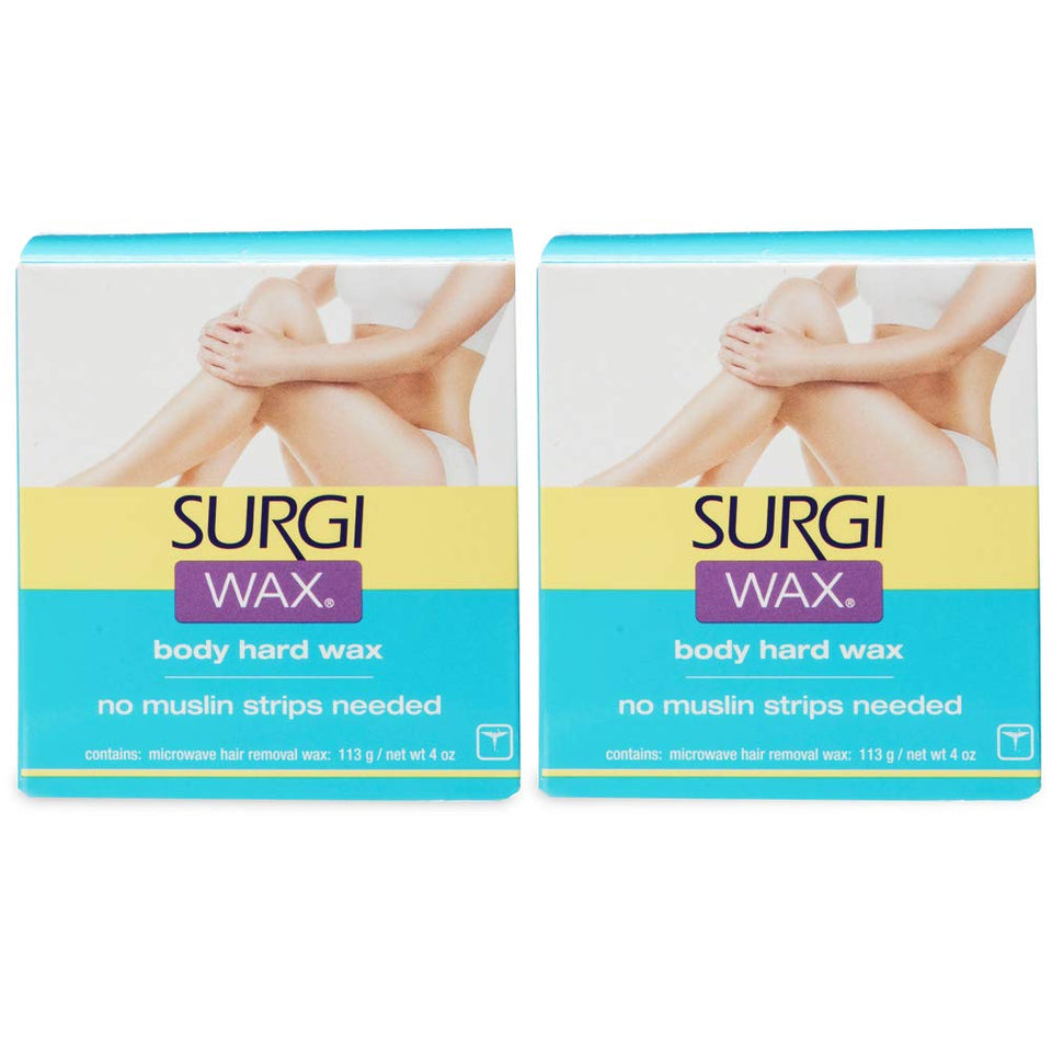 Surgiwax box front shows two 4 oz hard wax tins for at-home waxing.