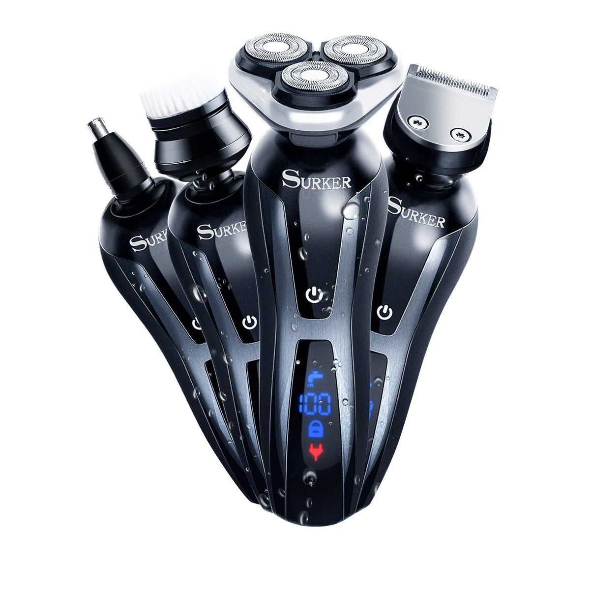 SURKER electric shaver head close-up showing contour-following design for a smooth shave.
