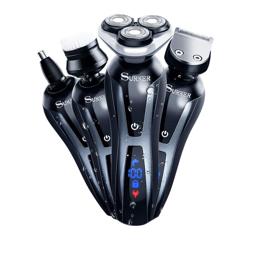 SURKER electric shaver head close-up showing contour-following design for a smooth shave.