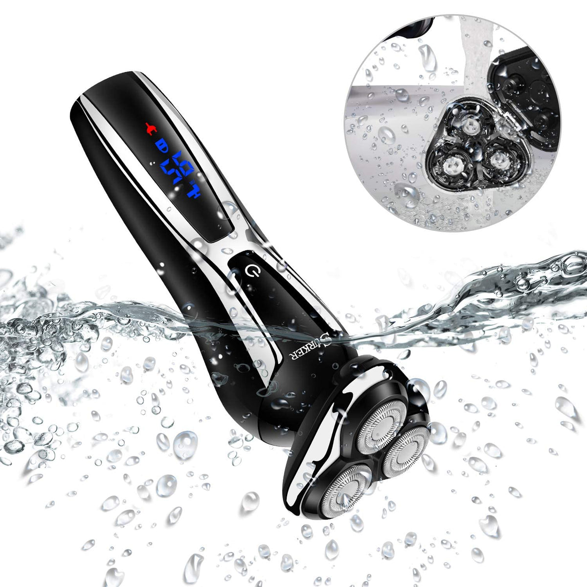 SURKER waterproof construction enables dry and wet shaving with easy cleaning.