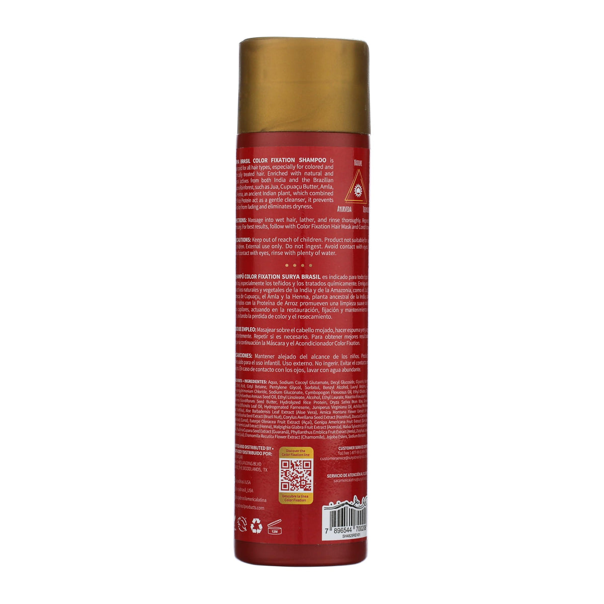 Surya Brasil Color Fixation Restorative Shampoo ingredients container shows Amazonian cupuaçu butter and buriti oil.