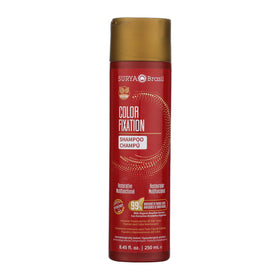 Surya Brasil Color Fixation Restorative Shampoo bottle promotes color protection with vegan, nourishing botanicals.