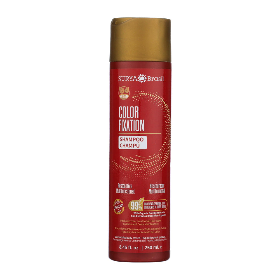 Surya Brasil Color Fixation Restorative Shampoo bottle promotes color protection with vegan, nourishing botanicals.