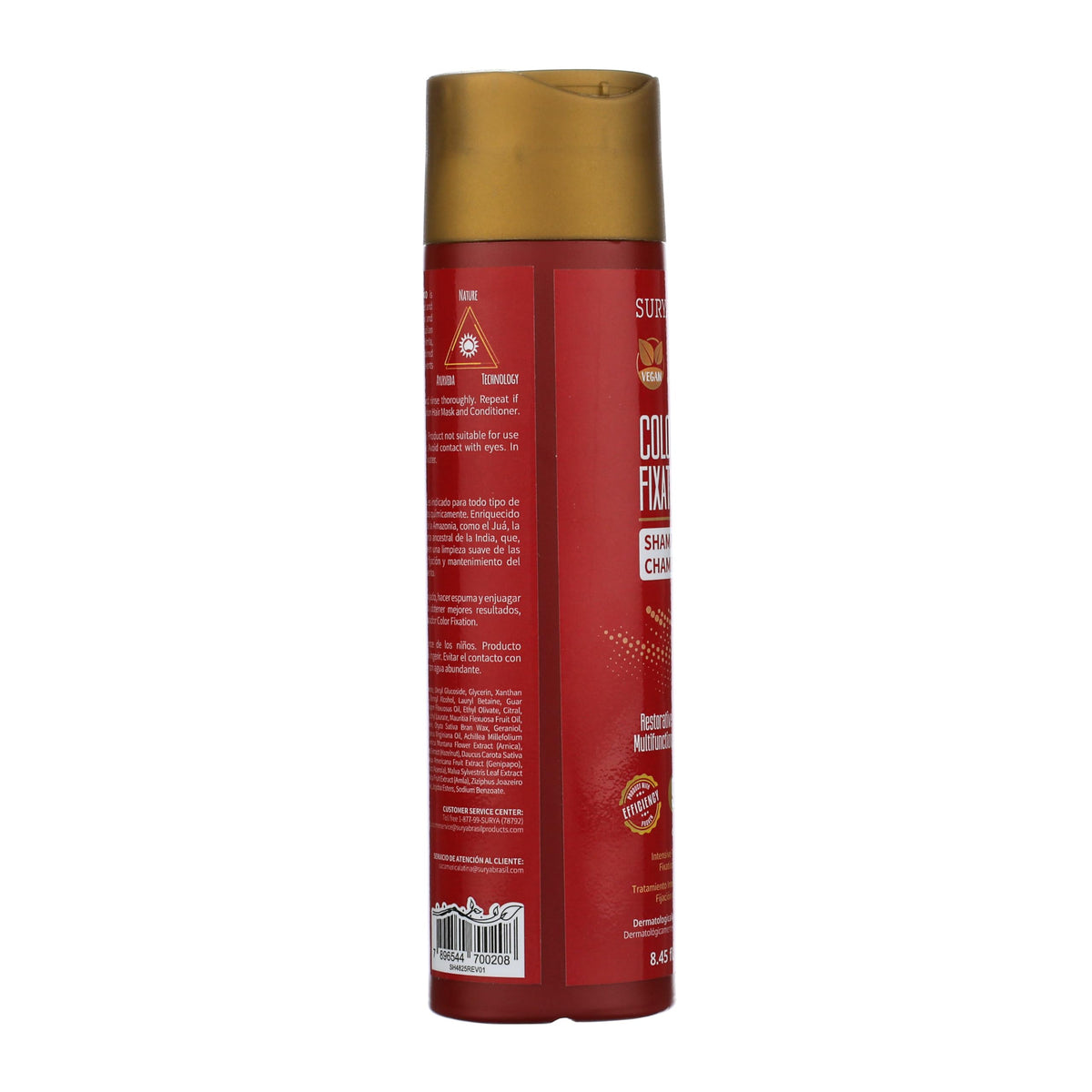 Surya Brasil Color Fixation Restorative Shampoo label highlights 99% natural ingredients and vegan formulation.