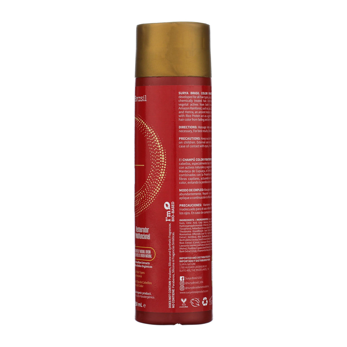 Surya Brasil Color Fixation Restorative Shampoo pour demonstrates gentle cleansing for color-treated hair.