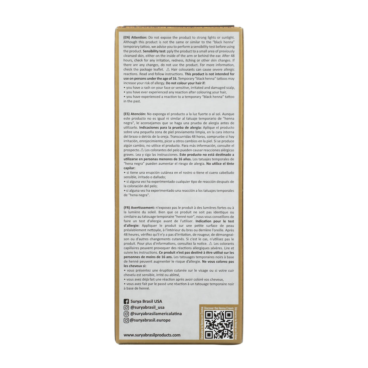 Surya Brasil Henna Cream Ash Blonde ingredients panel highlights botanicals like amla and aloe