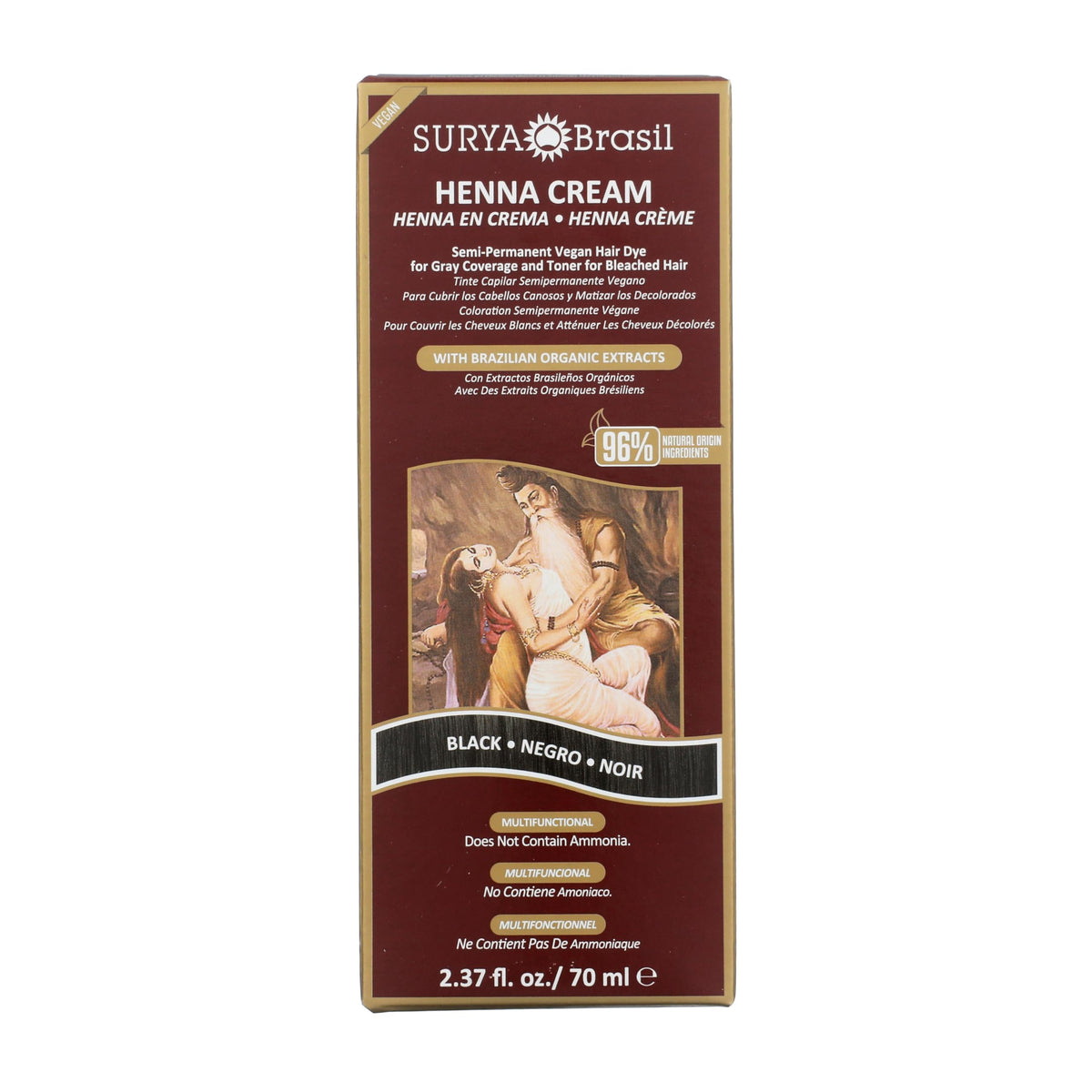 Surya Brasil Henna Cream Black bottle close-up highlighting vegan, conditioning color