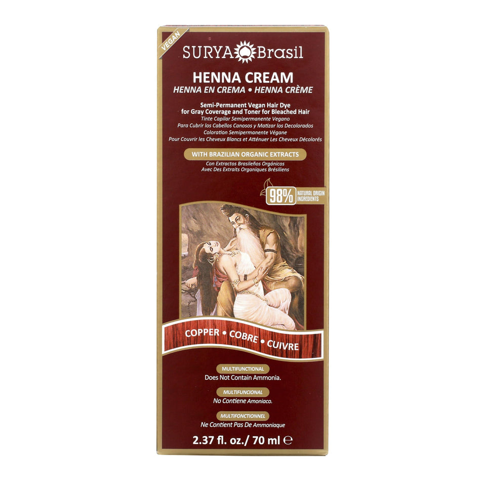 Surya Brasil Henna Cream copper bottle for easy at-home color.