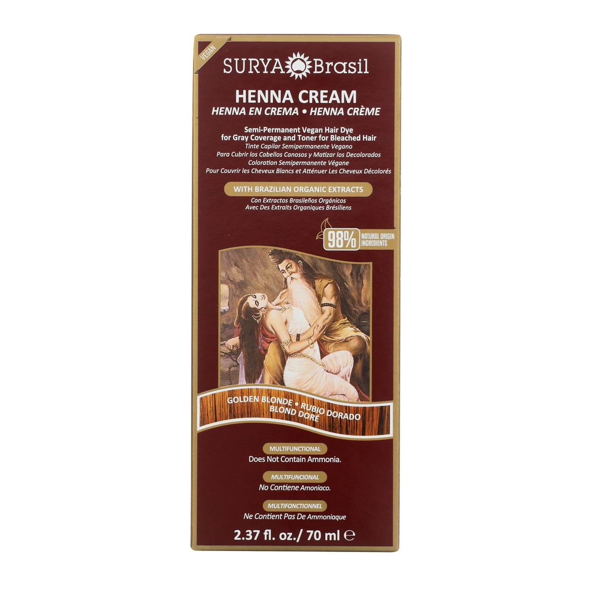 Surya Brasil Henna Cream Golden Blonde bottle pour for smooth color application and hydration.