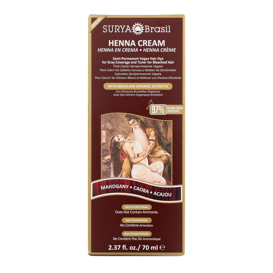 Surya Brasil Henna Cream Mahogany bottle showing rich color deposit and conditioning.