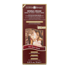 Surya Brasil Henna Cream Red bottle highlighting vegan, cruelty-free color option.