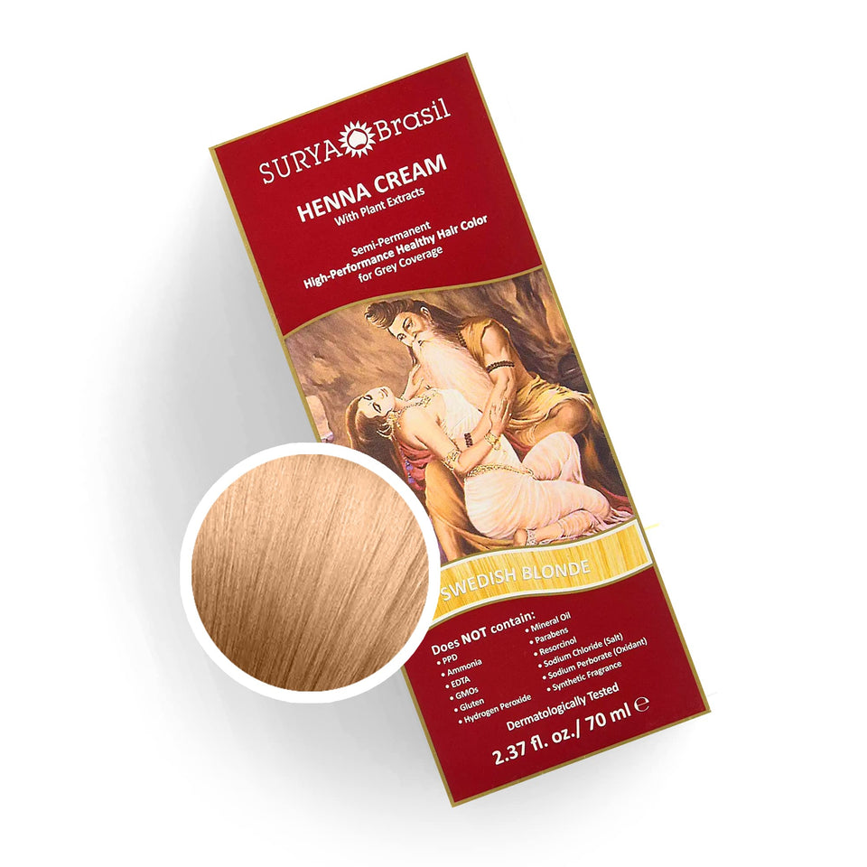 Surya Brasil Henna Cream Swedish Blonde bottle shows color-safe, vegan formula.