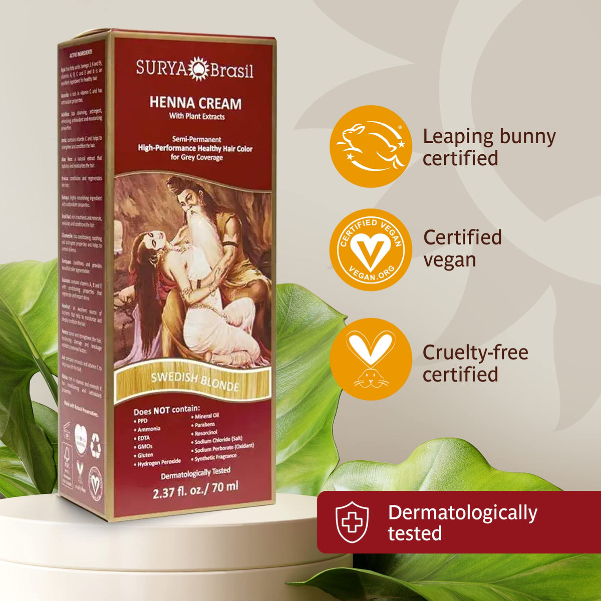 Ingredients list for Surya Brasil Henna Cream Swedish Blonde supporting color care.