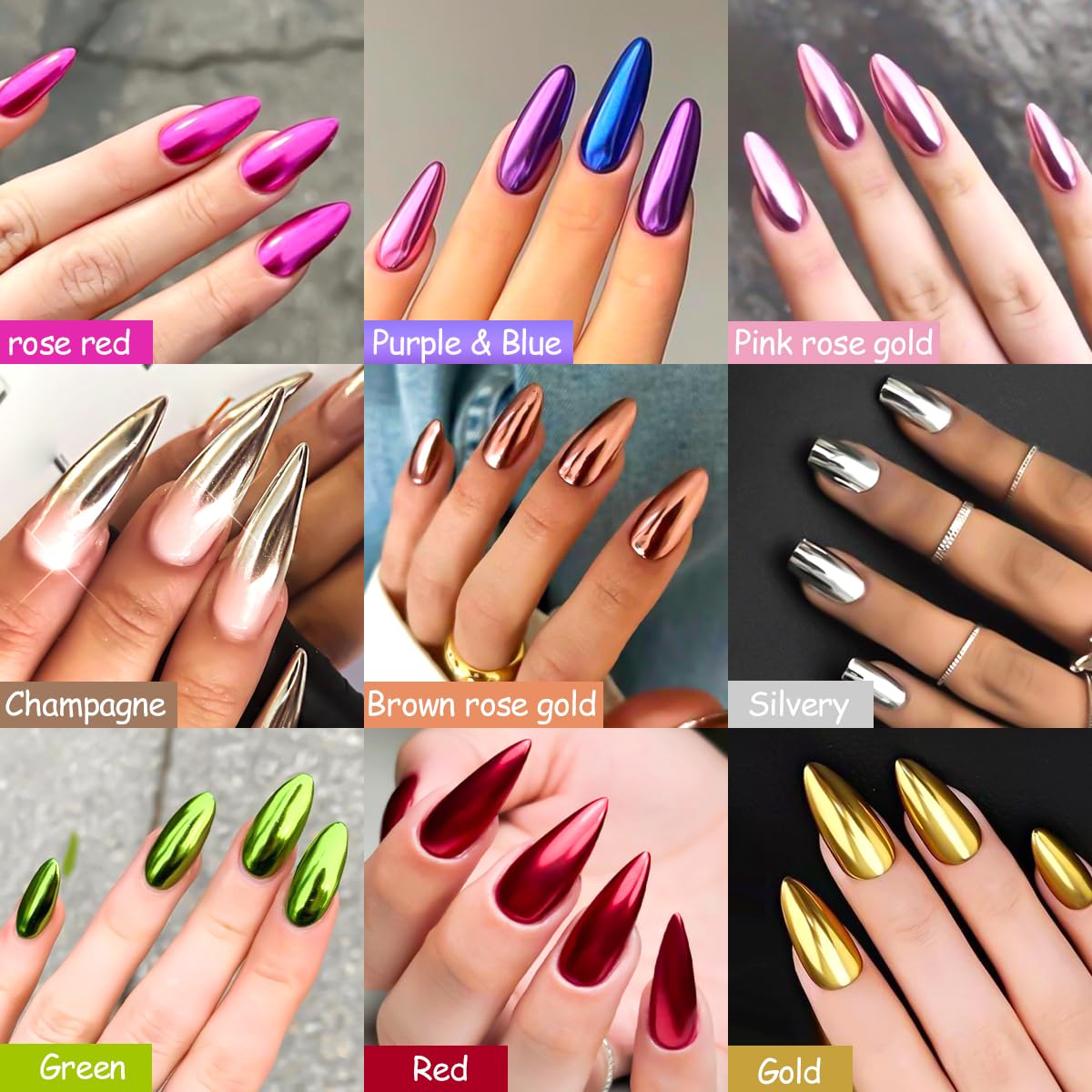 SUTOZMIWE chrome powder on nails creates a bright mirror finish under lights.