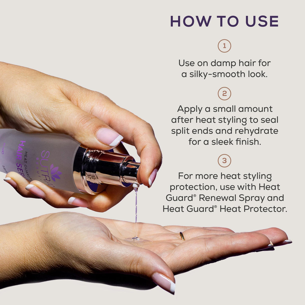 SUTRA Heat Guard Serum applied to hair for smooth results