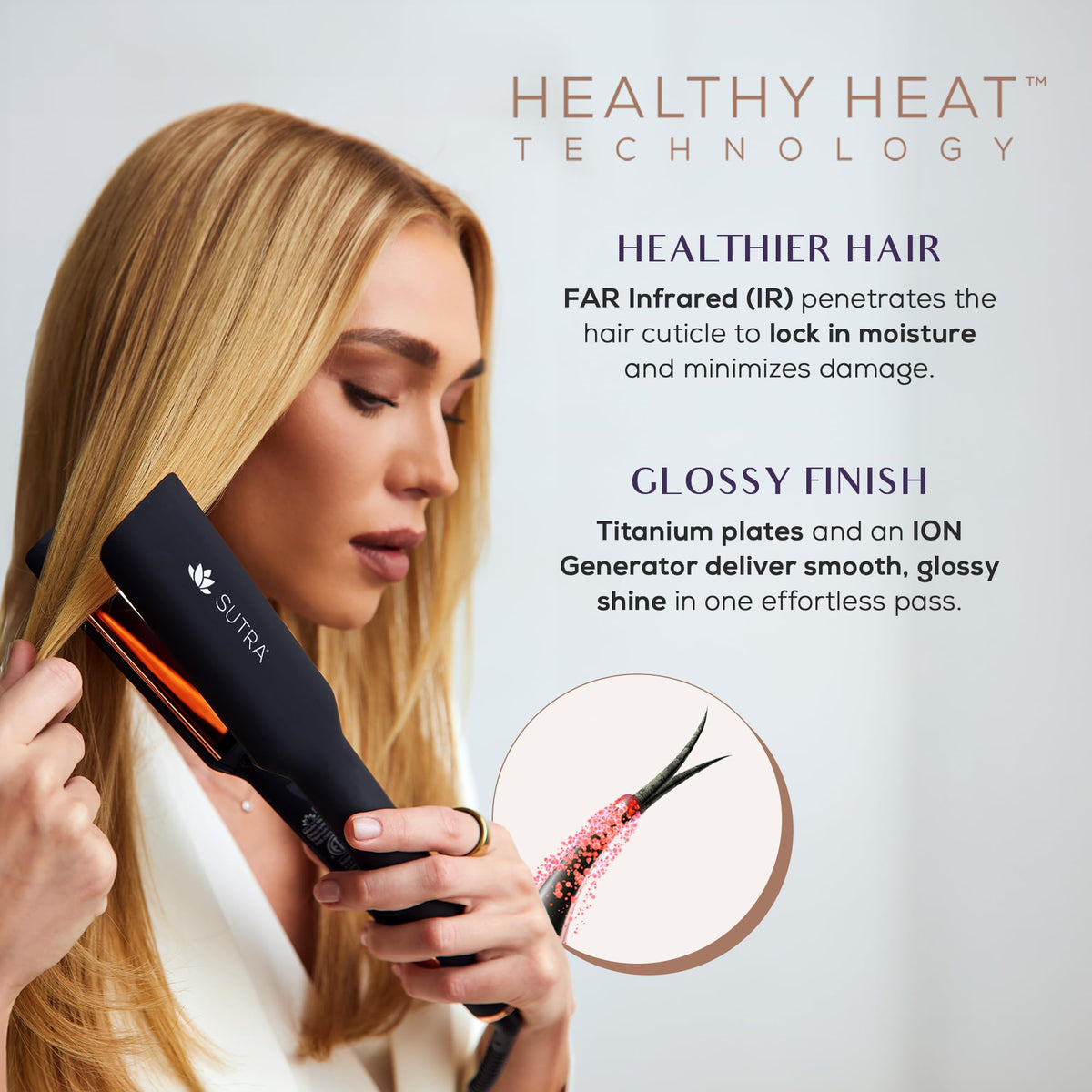 SUTRA IR2 flat iron gliding smoothly through hair for quick straightening