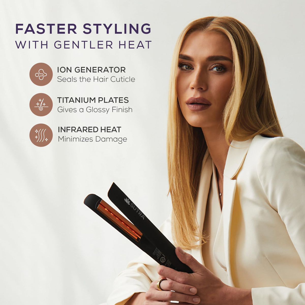 Sutra IR2 infrared-heat eases styling with gentle heat distribution across strands.