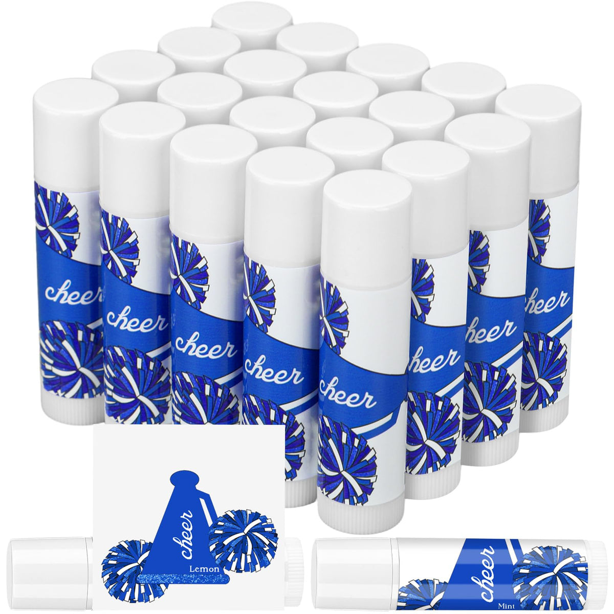 Suttmin Cheer Lip Balm bulk pack featuring blue and white design for team gifts