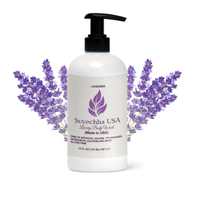 Suvechha USA vegan body wash bottle with lavender promotes gentle cleansing and soothing scent.