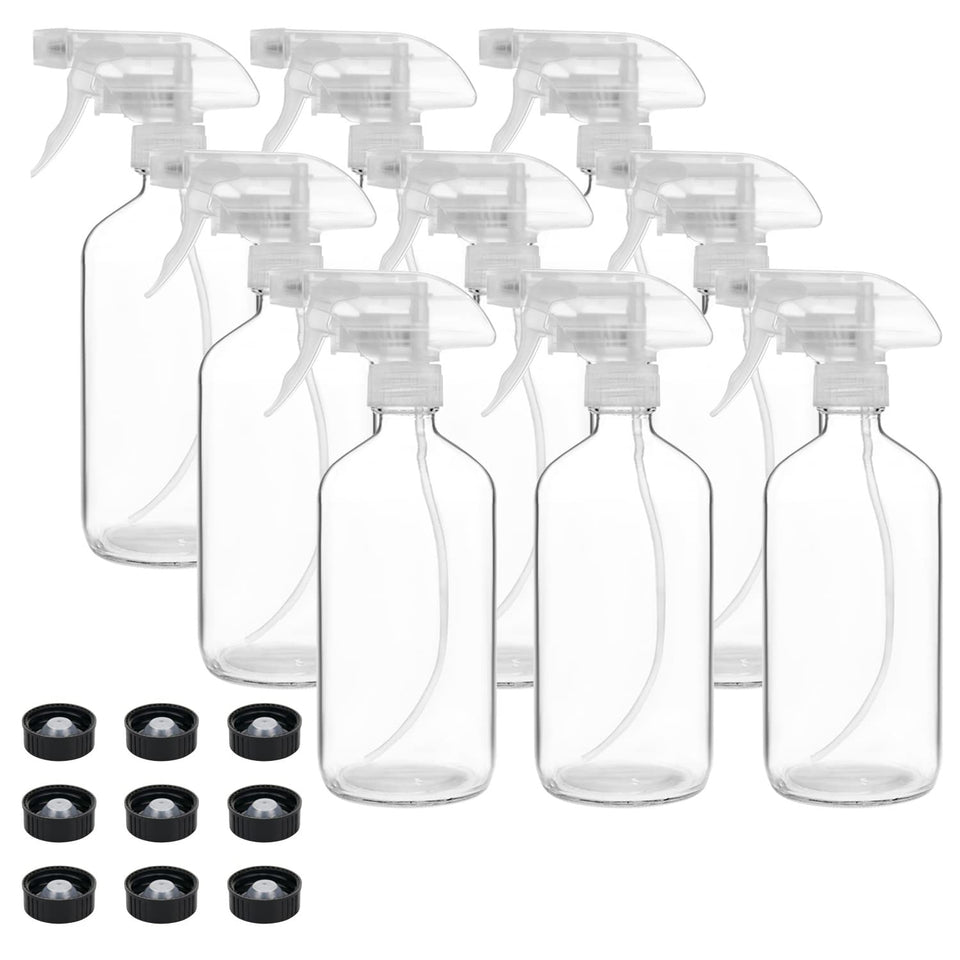 Suwimut 9-pack glass spray bottles for versatile cleaning and refillable essential oil uses.
