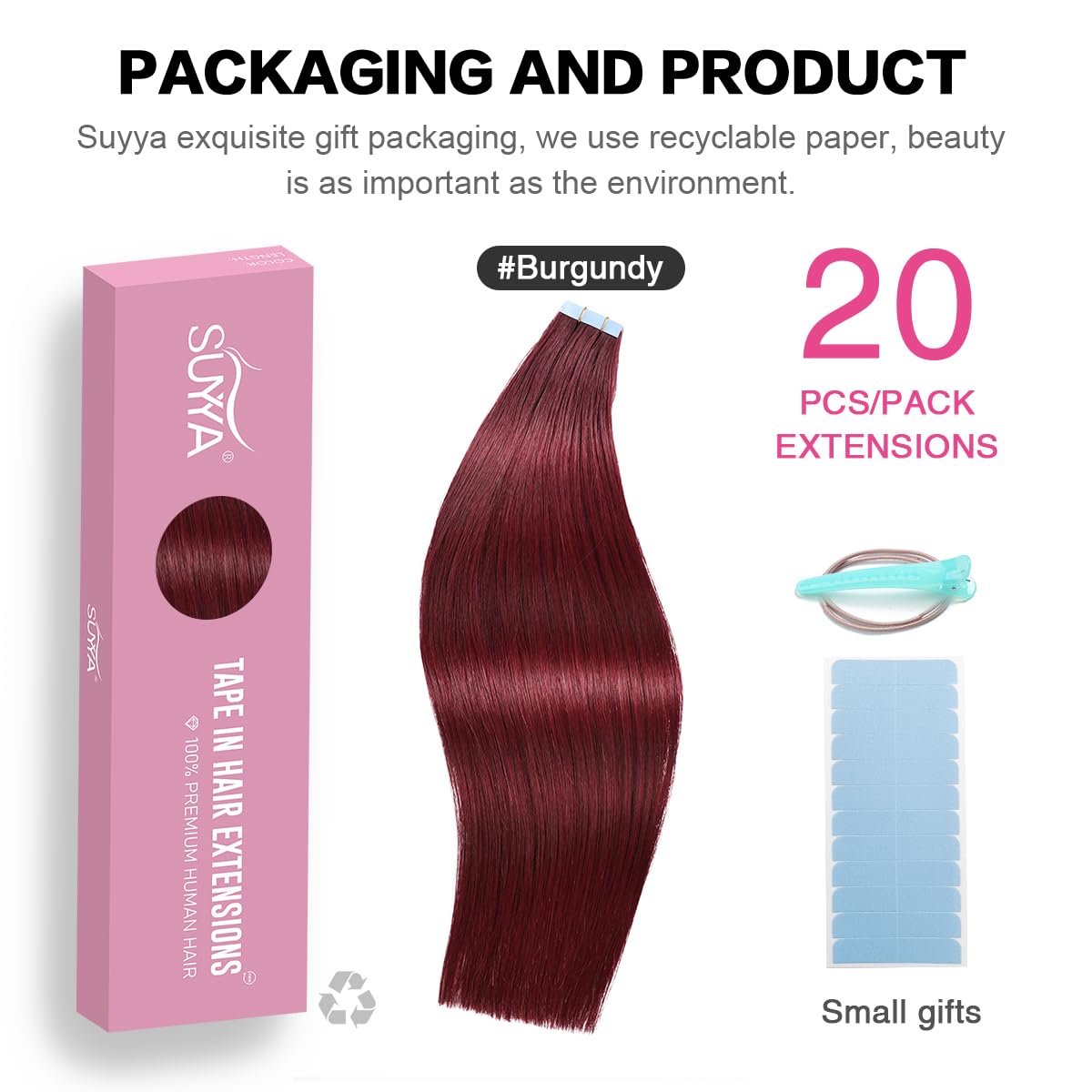 SUYYA Burgundy tape-in extensions close-up weft reveals smooth texture