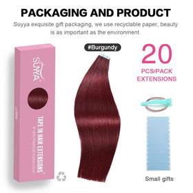 SUYYA Burgundy tape-in extensions close-up weft reveals smooth texture