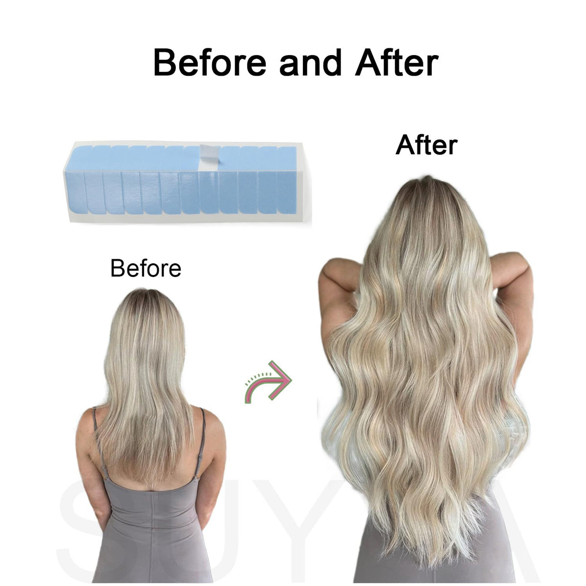 SUYYA discreet blue hair extension tape tabs for seamless looks.