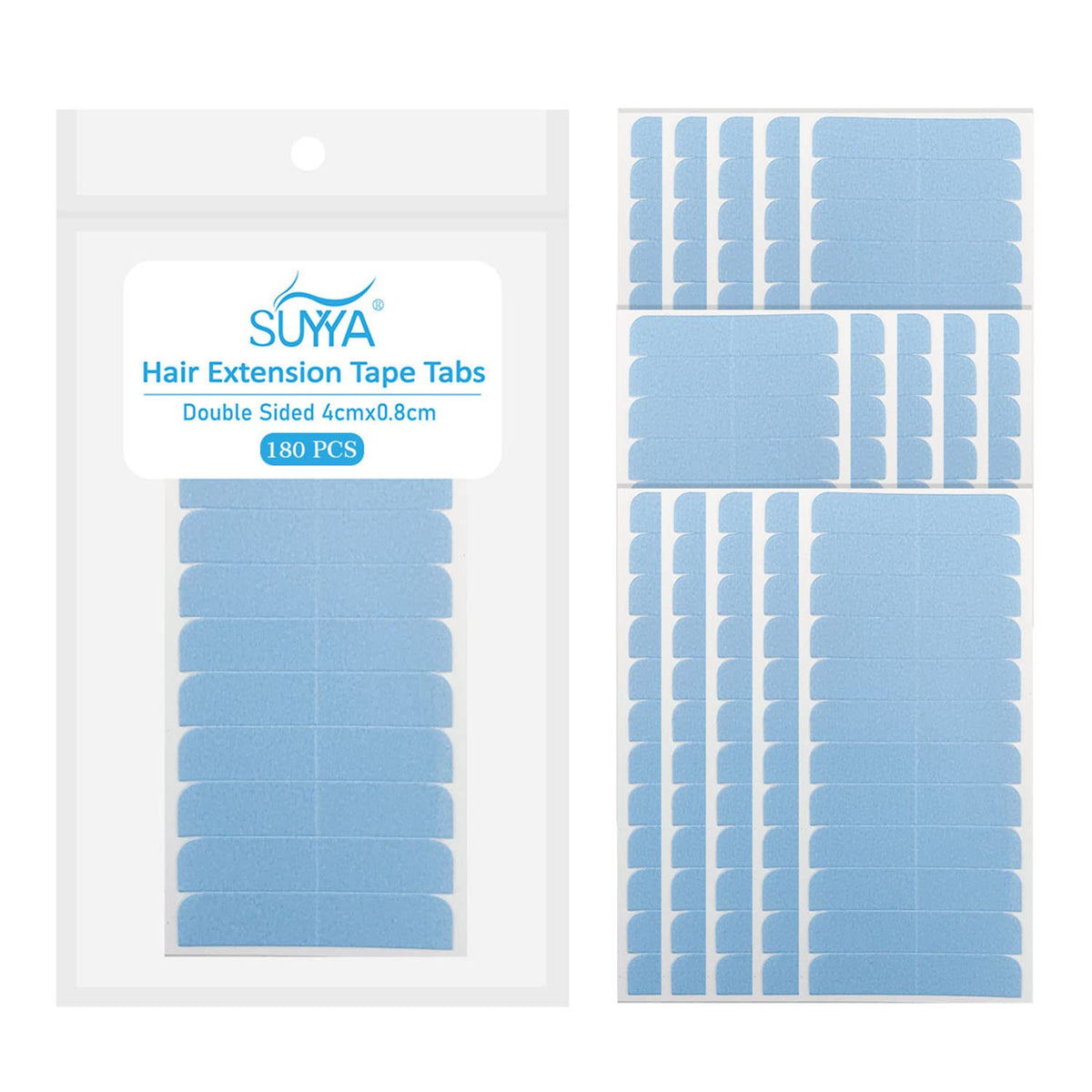 SUYYA hair extension tape tabs blue, 180 pieces, secure replacement with minimal visibility.
