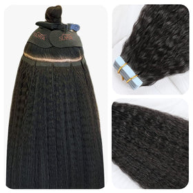 SUYYA kinky straight tape-in extensions, 12 inch, natural black, close-up of silky strands