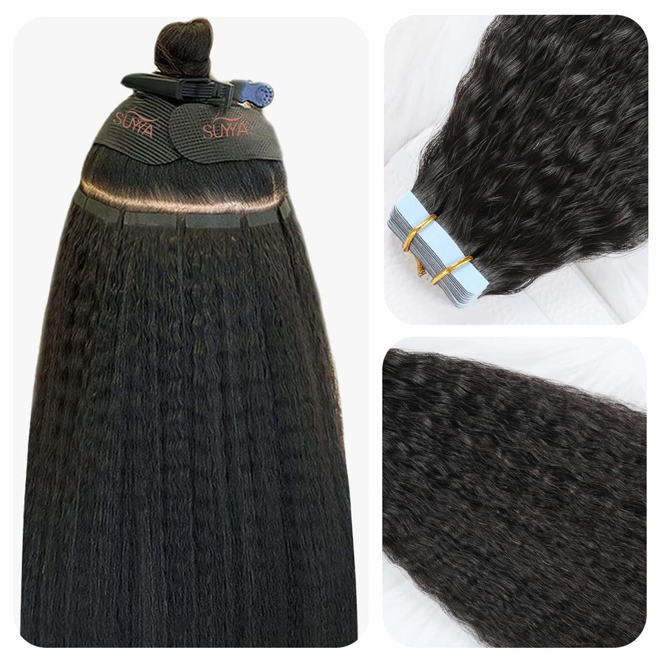 SUYYA kinky straight tape-in extensions, 12 inch, natural black, close-up of silky strands
