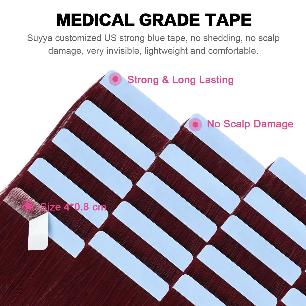 SUYYA Burgundy tape-in extensions pack 20pcs 50g for added volume
