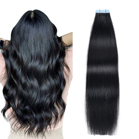 SUYYA jet black tape-in extensions close-up for natural seamless length