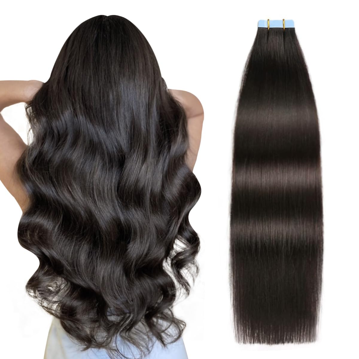 SUYYA tape-in extensions off black 12in weft skin for natural blend.