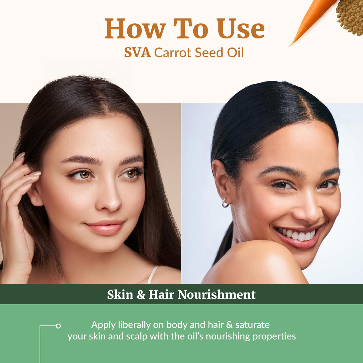 SVA Organics carrot seed oil used in hair care routine with conditioner