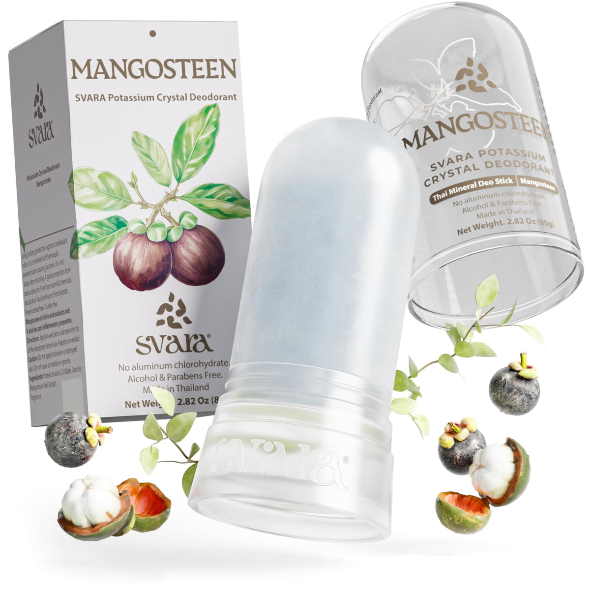 SVARA Mangosteen alum packaging shown for on-the-go freshness
