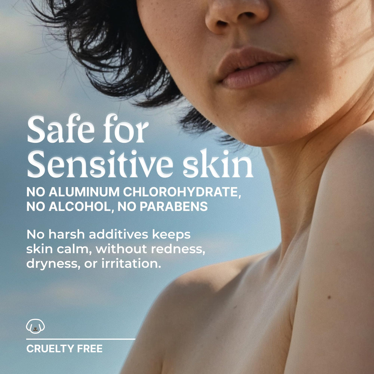 Deodorant stick gliding on damp skin for a gentle, non-sticky feel