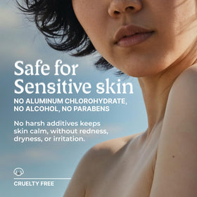 Deodorant stick gliding on damp skin for a gentle, non-sticky feel