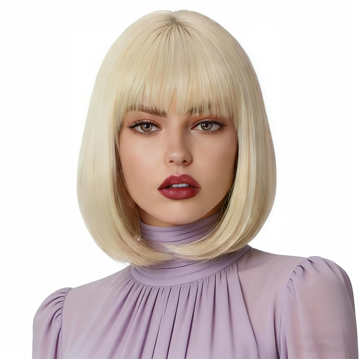Svolna platinum bangs closeup, premium synthetic fibers with natural movement.