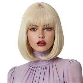 Svolna platinum bangs closeup, premium synthetic fibers with natural movement.