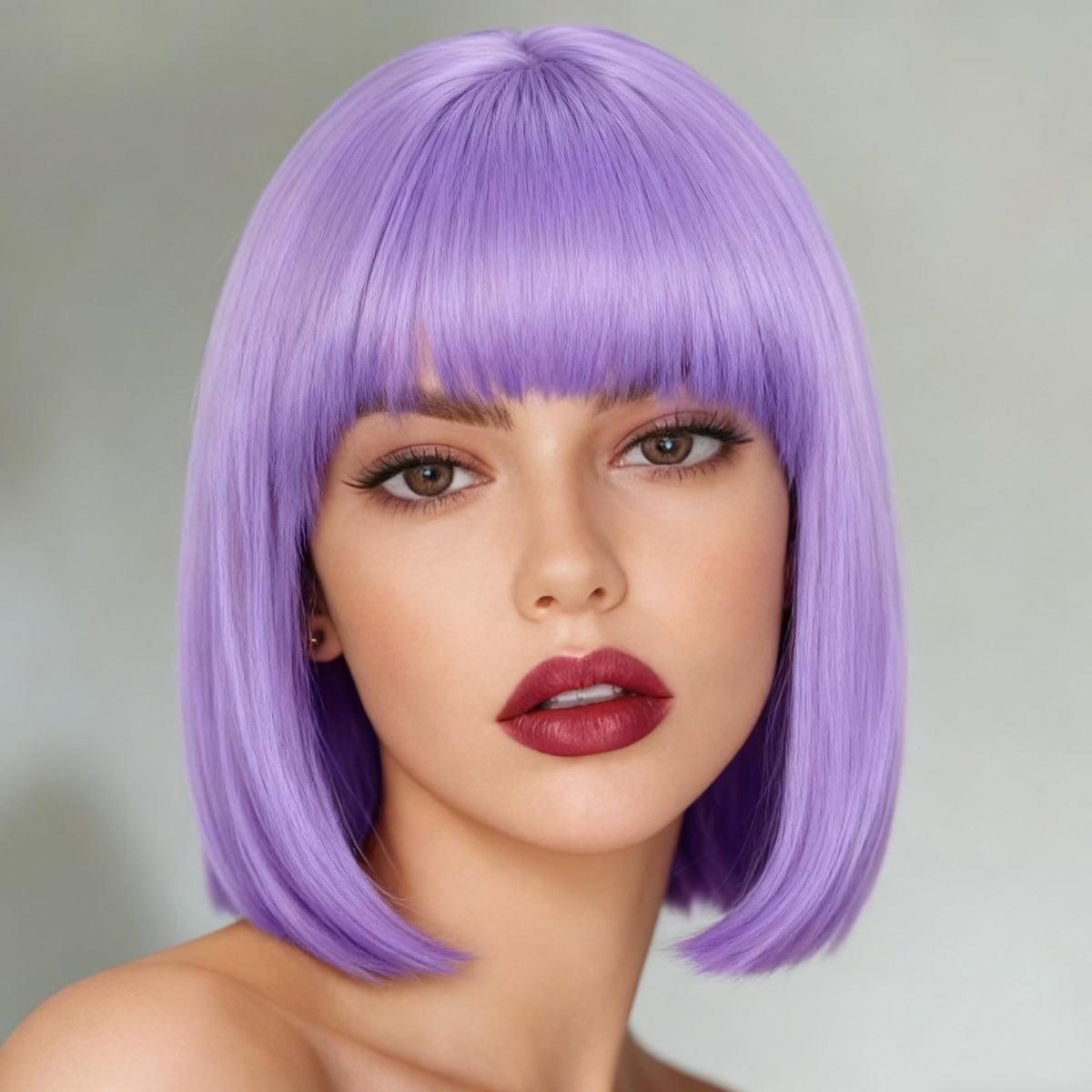 Svolna purple short bob wig with bangs in 14in for everyday wear.
