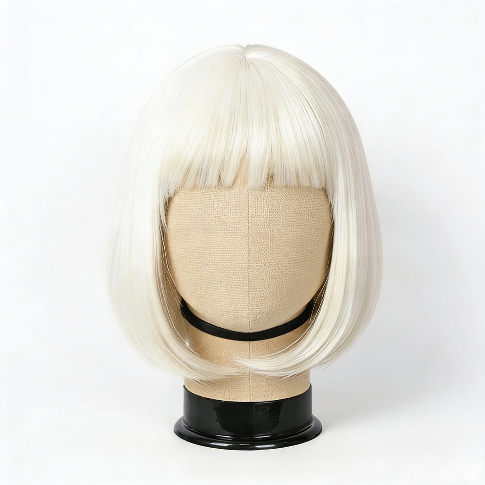 Svolna white blonde short bob wig with bangs, smooth satin-like fibers for everyday wear.