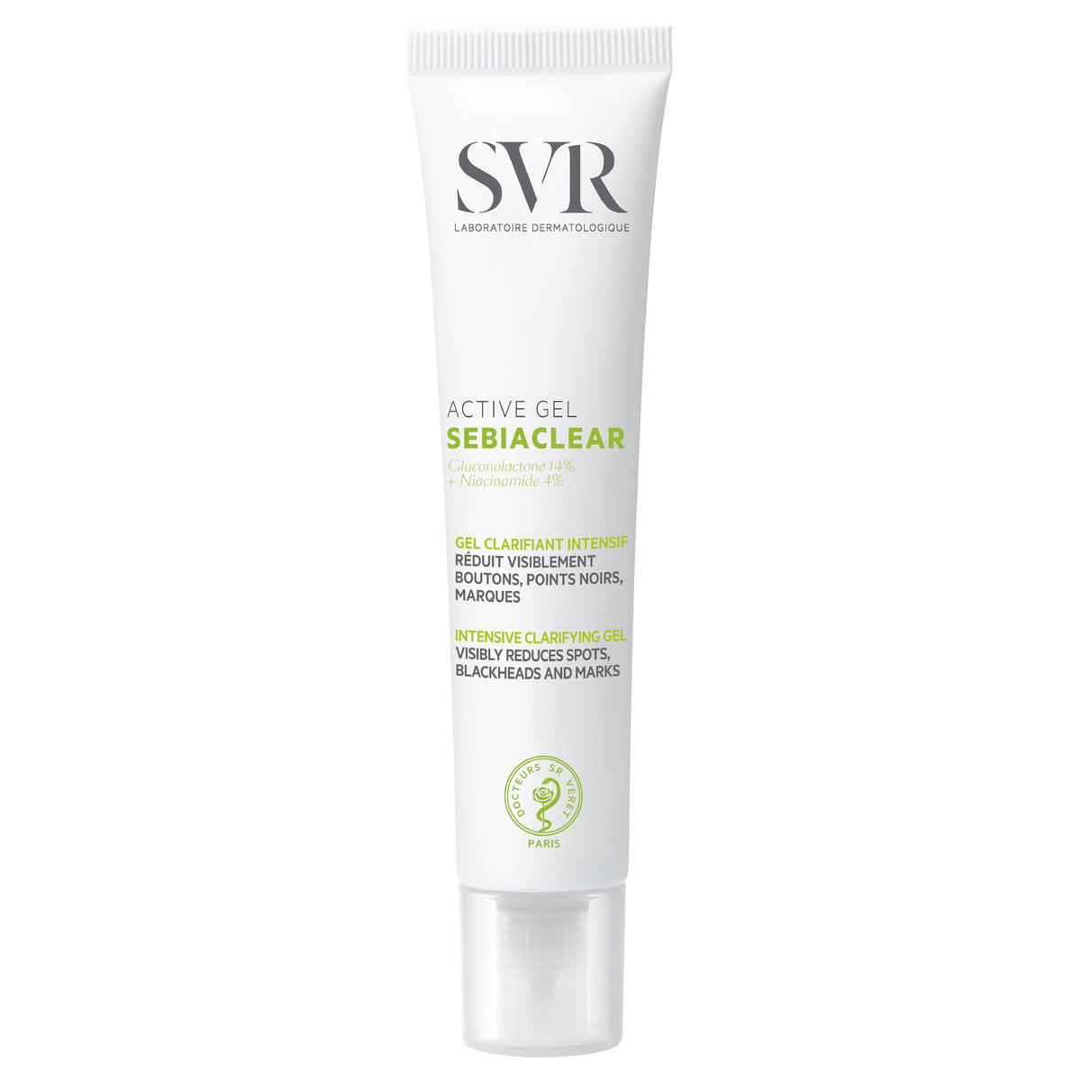 SVR Sebiaclear Active Gel-Cream bottle on white background showing oil-free benefits.