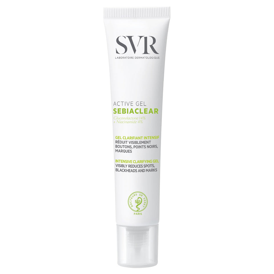 SVR Sebiaclear Active Gel-Cream bottle on white background showing oil-free benefits.