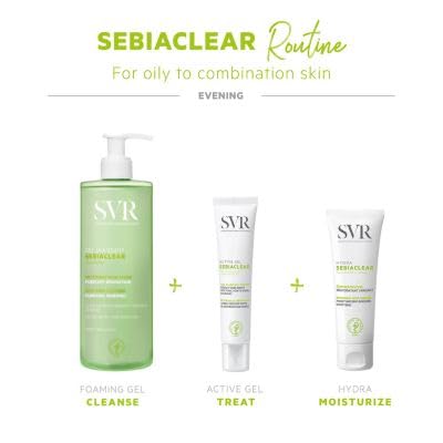 SVR Sebiaclear Active Gel-Cream close-up shows reduced spots and redness.