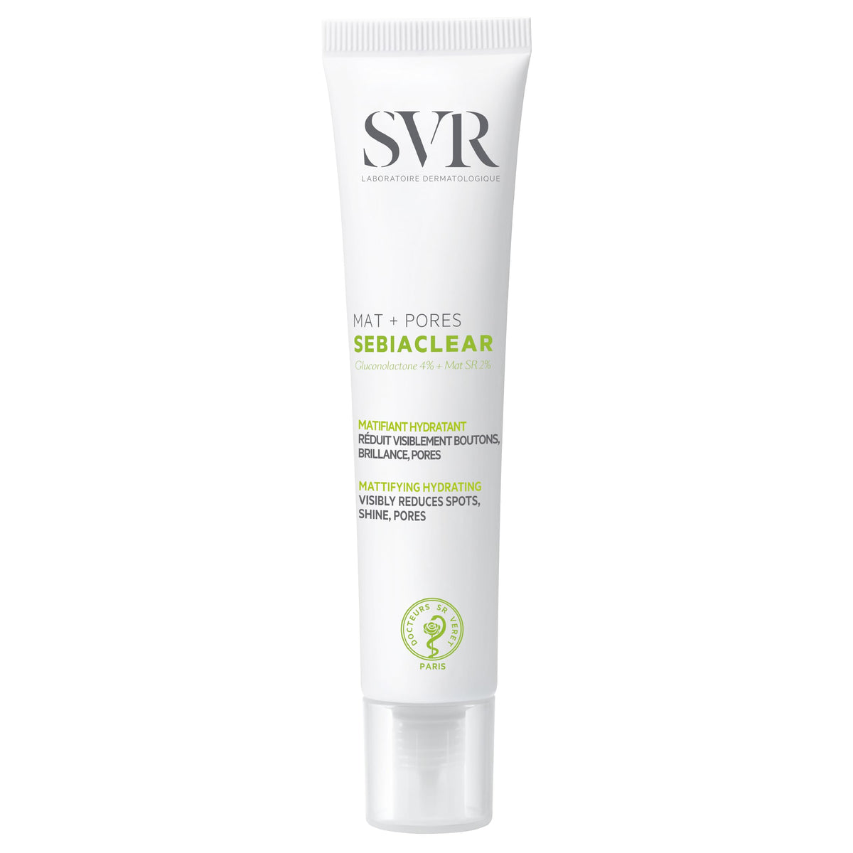 SVR Sebiaclear Mat Pores bottle delivering oil-control hydration for a matte finish.