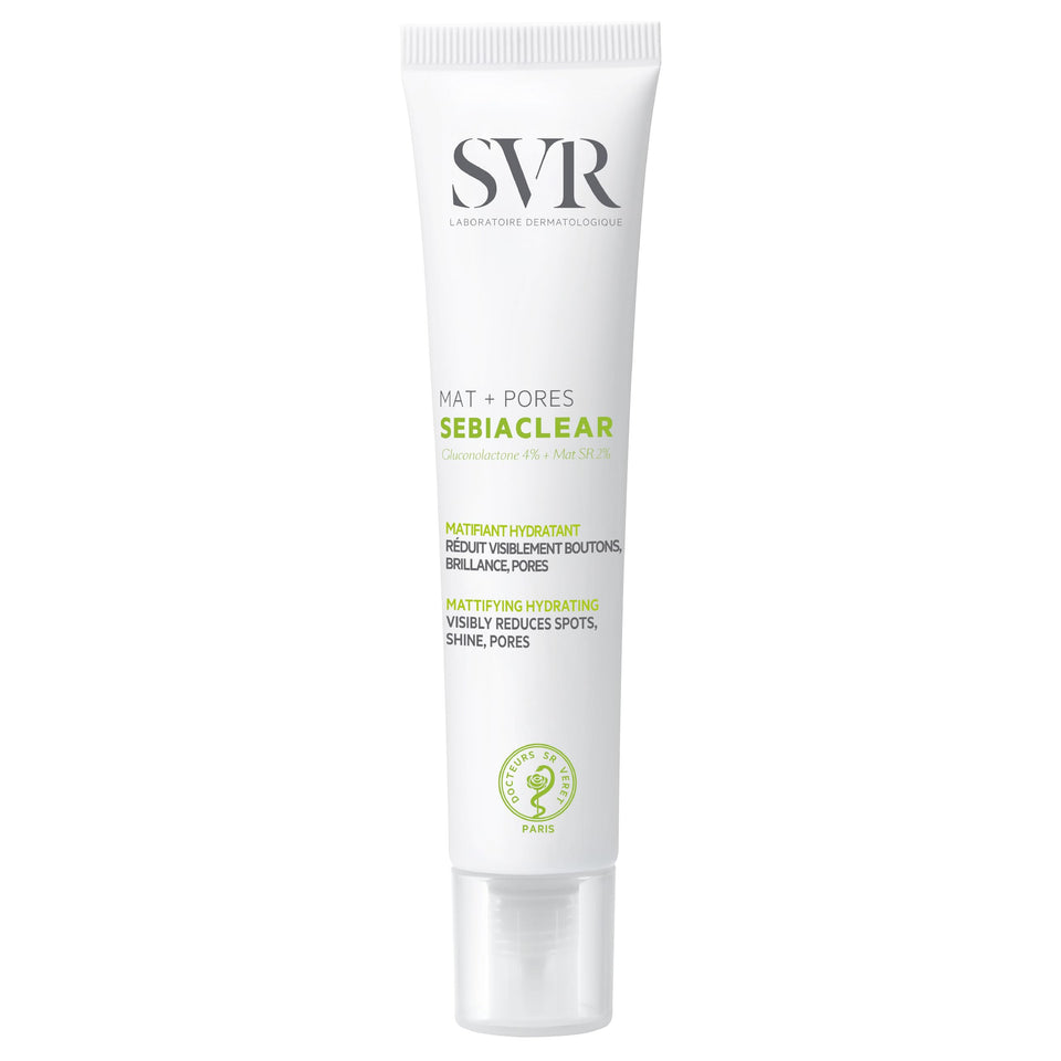 SVR Sebiaclear Mat Pores bottle delivering oil-control hydration for a matte finish.