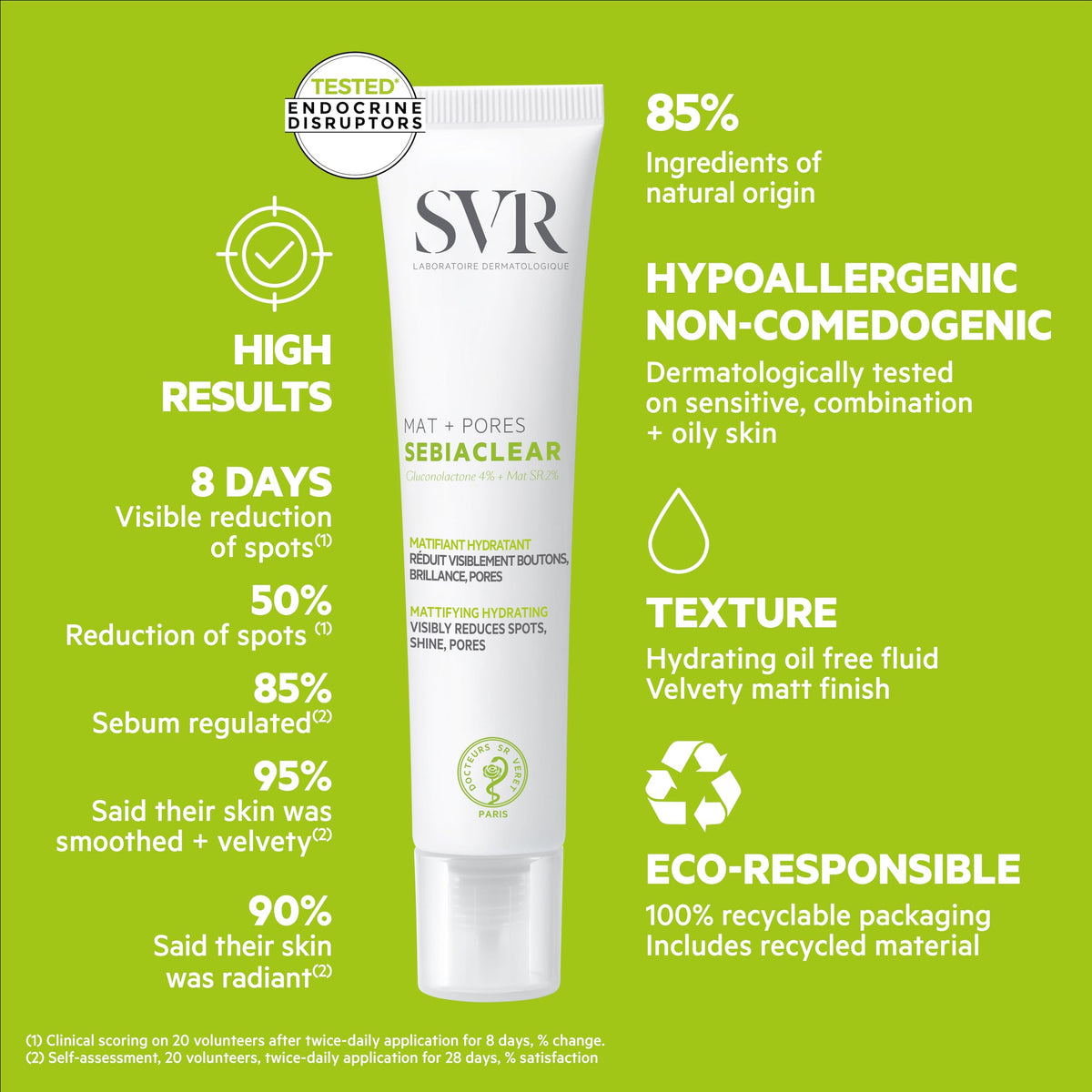 SVR Sebiaclear Mat Pores badge highlights 85% natural-origin ingredients.