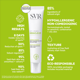 SVR Sebiaclear Mat Pores badge highlights 85% natural-origin ingredients.