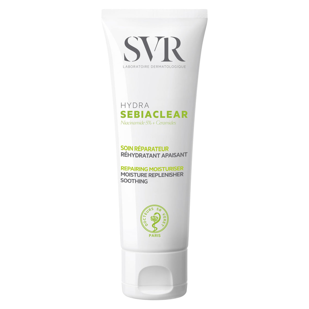SVR Sebiaclear moisturizing cream bottle shows a lightweight, non-greasy finish for oily skin.
