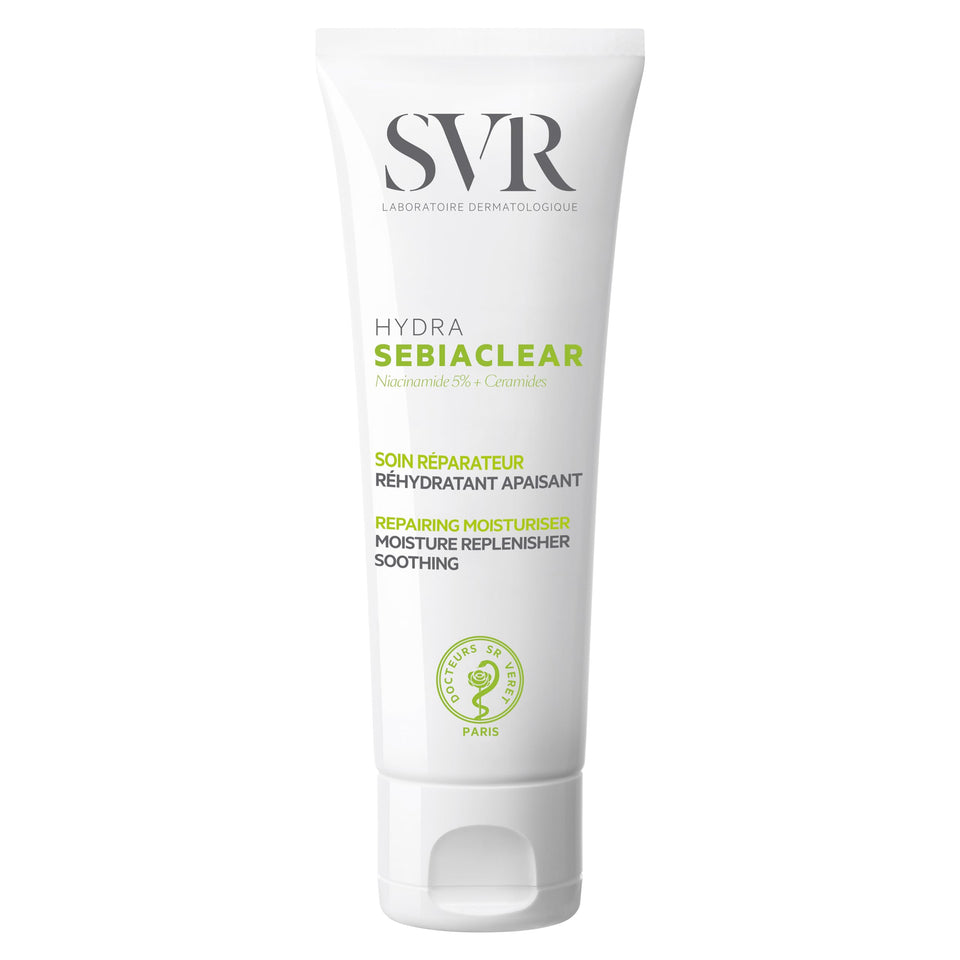 SVR Sebiaclear moisturizing cream bottle shows a lightweight, non-greasy finish for oily skin.